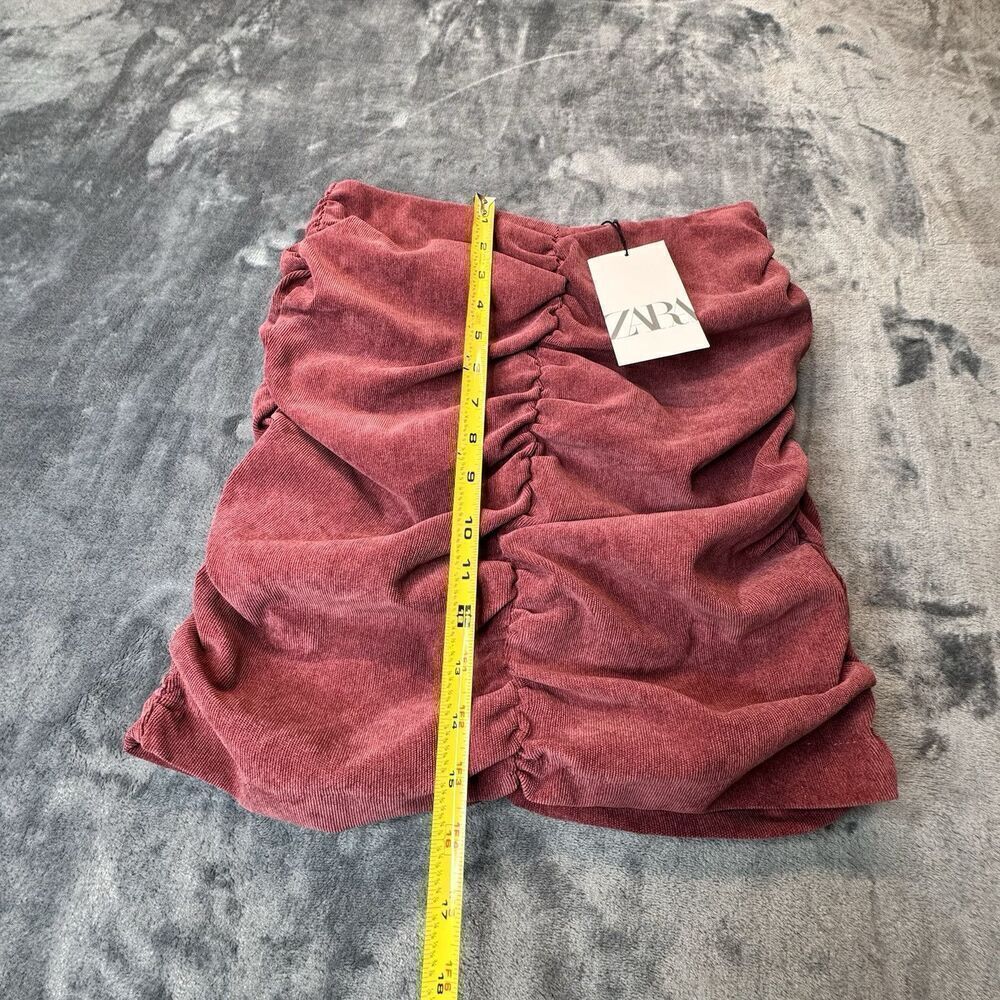 Zara Sz S Mini Skirt Ruched Corduroy Medium Burgundy Red Draped Ruffle Career - Picture 7 of 9